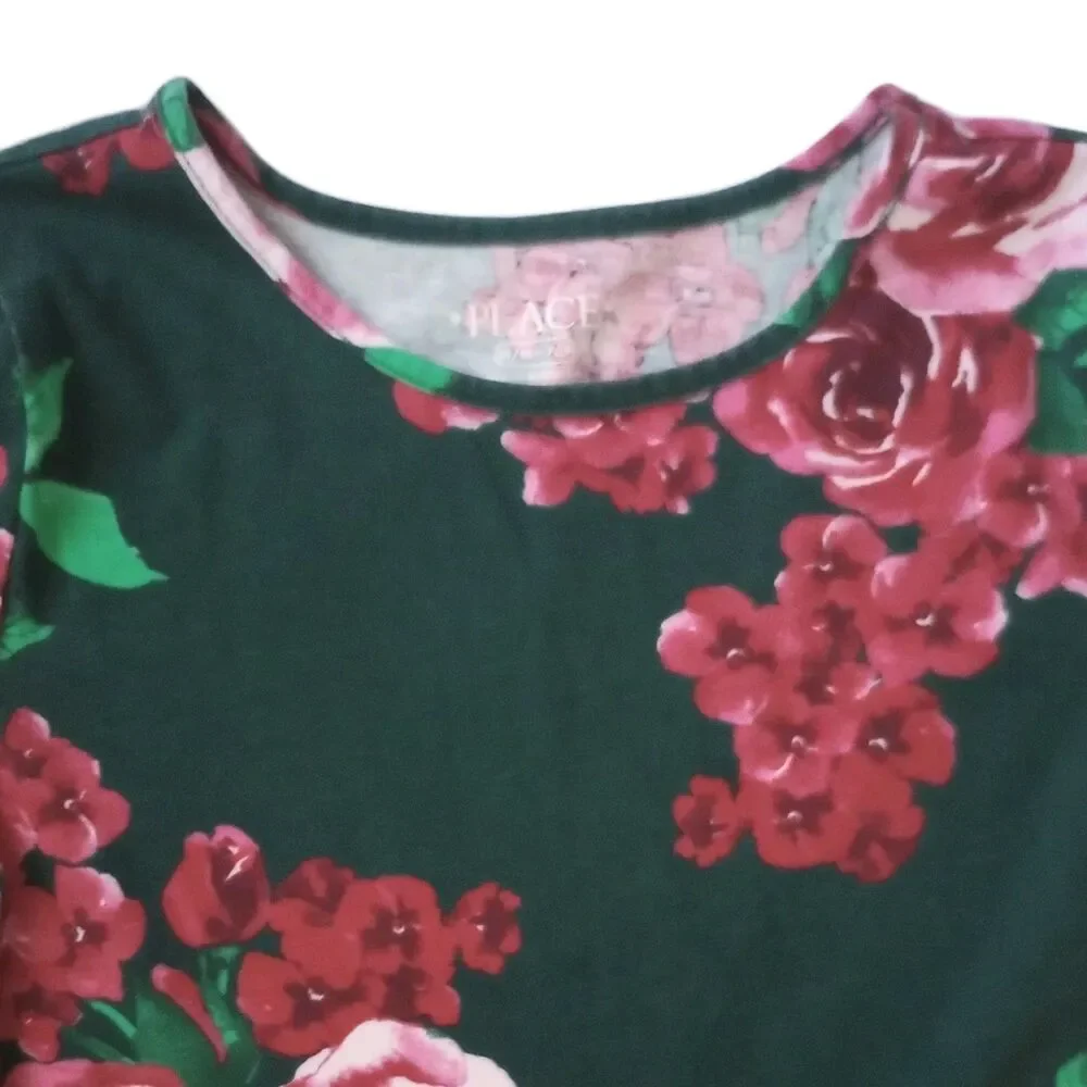 Childrens Place Long Sleeve Green Floral Dress sz M 7/8 Girls Pink RoseValentine